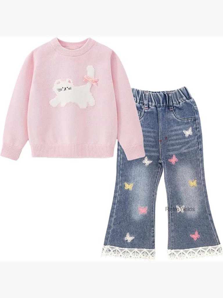 Little Girls 2pc Knit Sweater & Jeans Pant Set Size 6-7